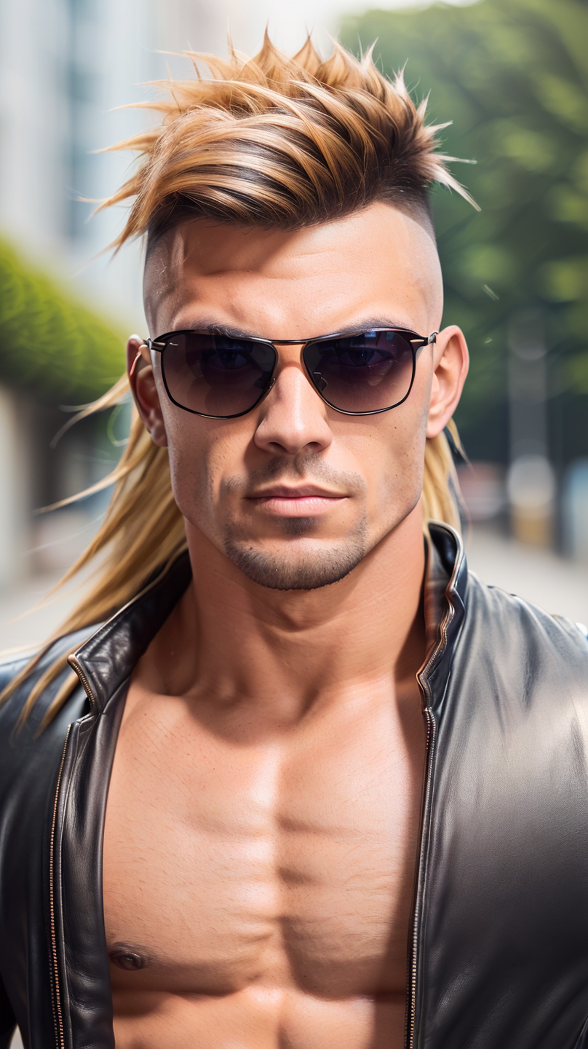 photo of a muscular man with a mohawk undercut, leather, long hair, detailed eyes, blurry background, bokeh, outdoors, nig...